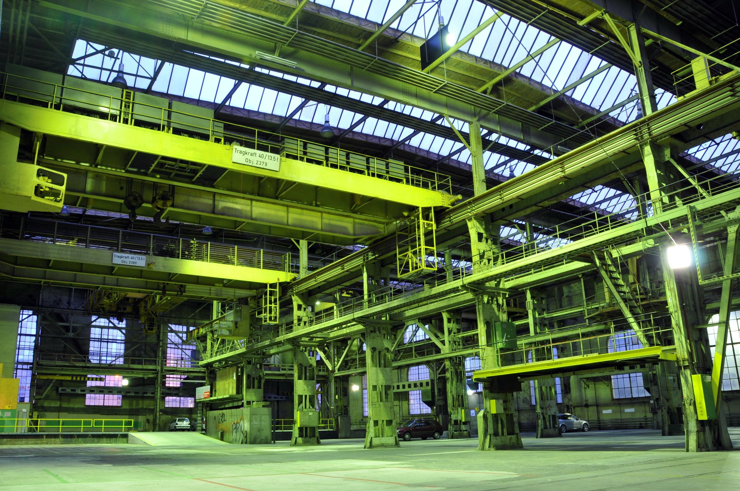 Industrial factory hall with overhead crane structure