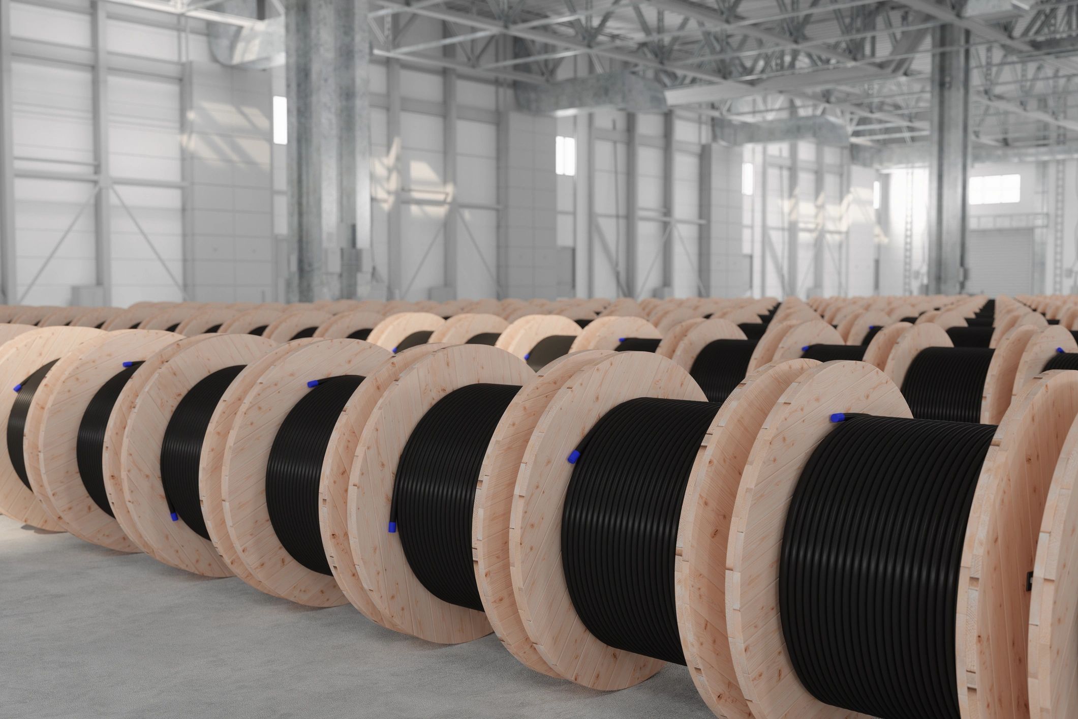 Coiled wire spools representing wire rope and drum assemblies