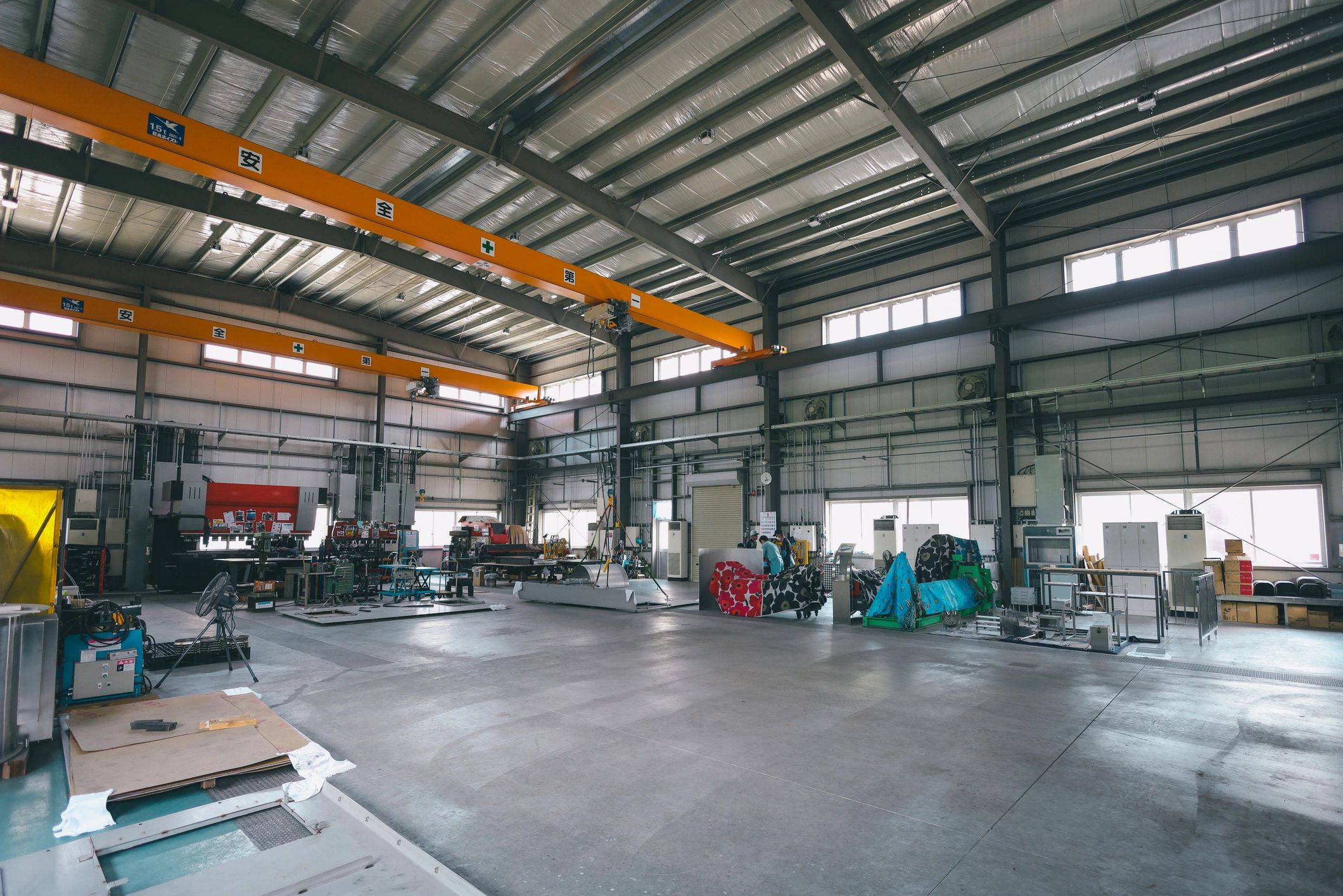 Wide view inside an industrial factory hall