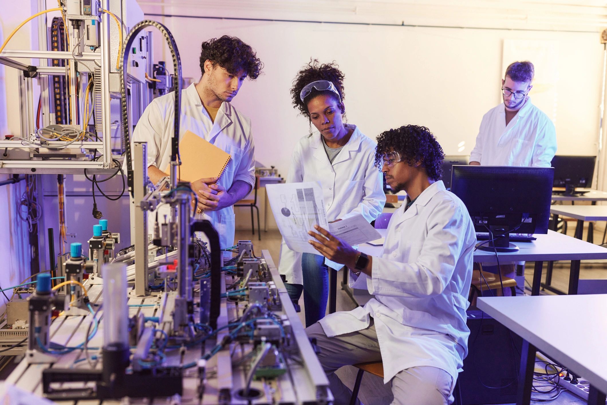 Team reviewing plans in a technical lab