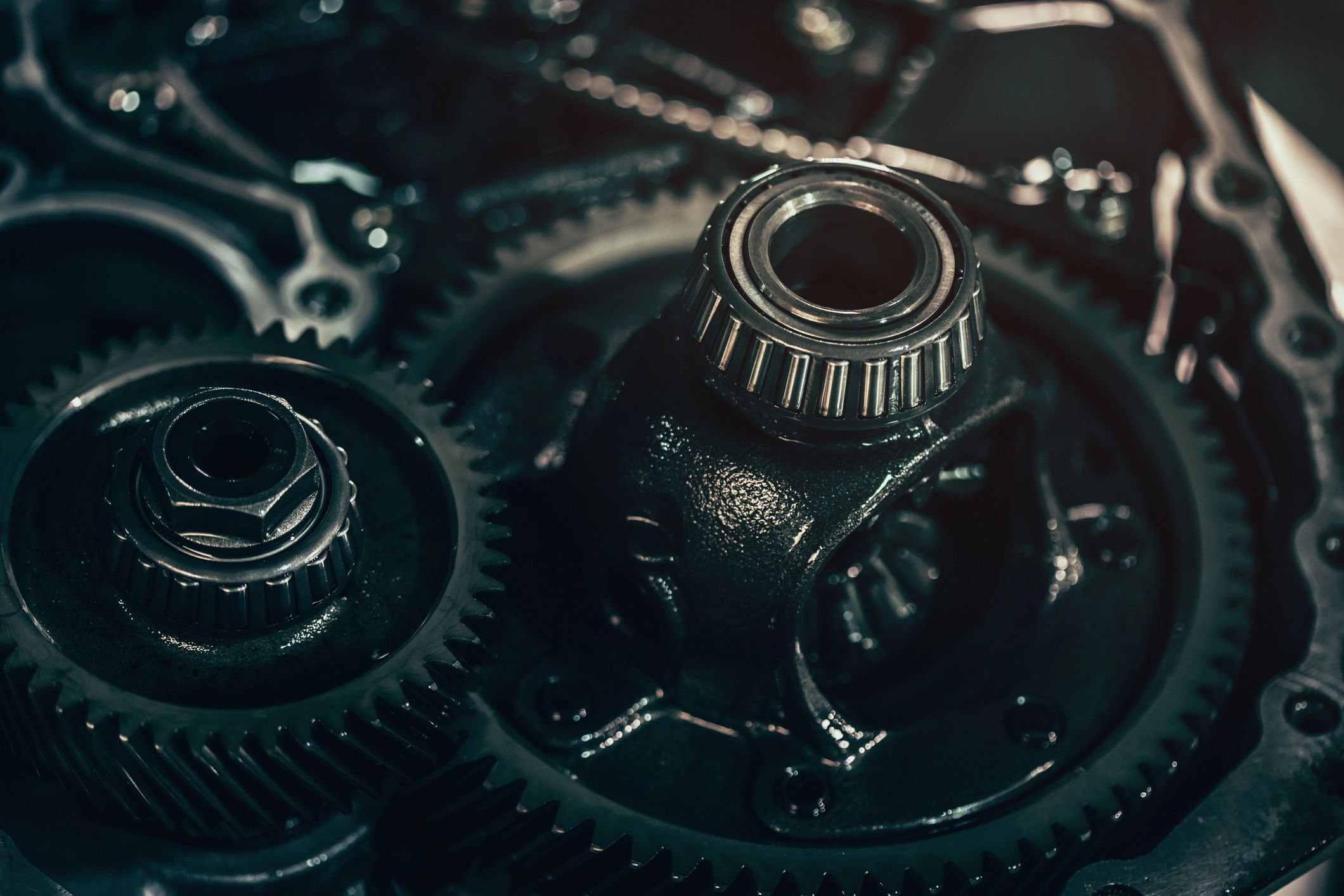 Close-up of metal transmission parts representing gearbox and drive components